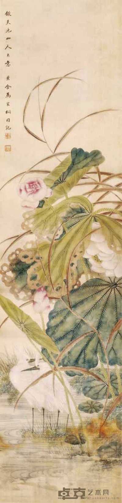 马家桐 荷花鹭鸶 立轴 156×38cm